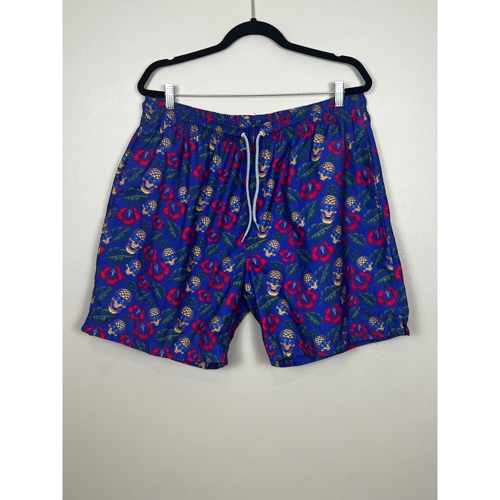 TailorByrd Mens XXL Swim Trunks Blue Tropical Pineapple Skull Hibiscus Shorts